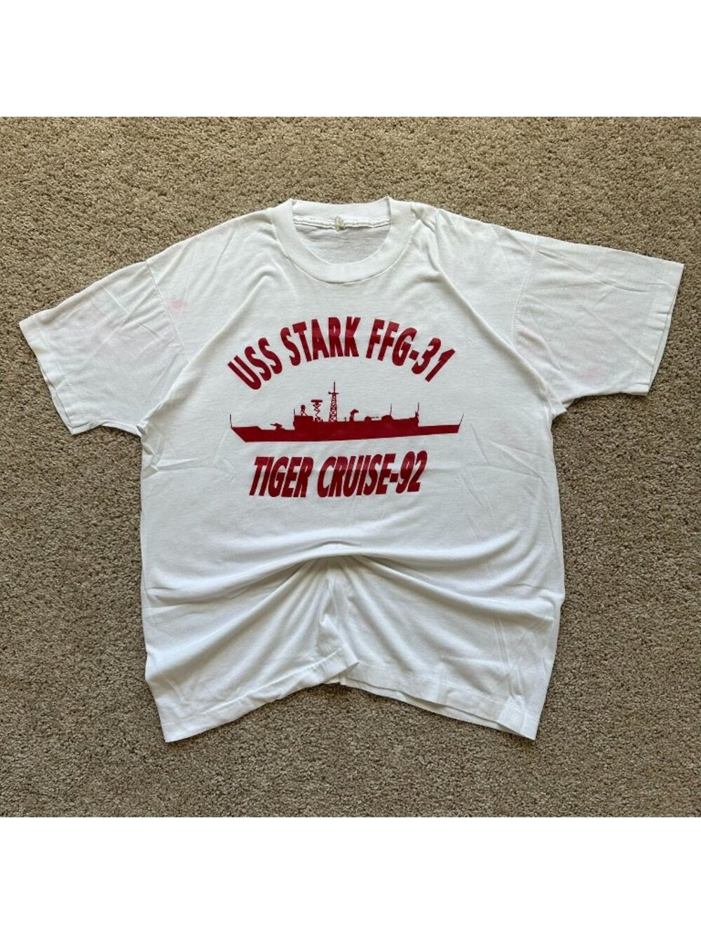 Vintage 1992 USS Stark Tiger Cruise T-Shirt White Single Stitch US Navy Military